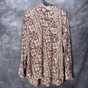 Novica Parang Style Tribal Batik Printed Long Sleeve Button Up Shirt Men's L Red